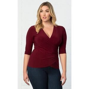 Kiyonna Top 1X Femme Fatale Faux Wrap Burgundy Red Ruched Versatile Slimming